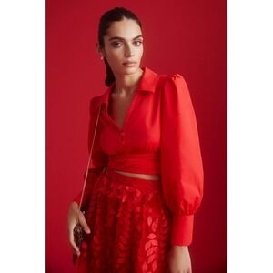 Anthropologie Maeve Poplin Bow-Front Blouse Sz S Red